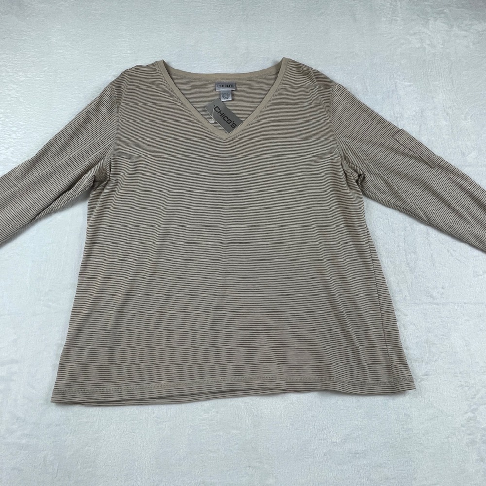 Chico's‎ Pima Misu Survival 3/4 Sleeve V-Neck Tee Khaki Micro Stripe Size 3 NWT